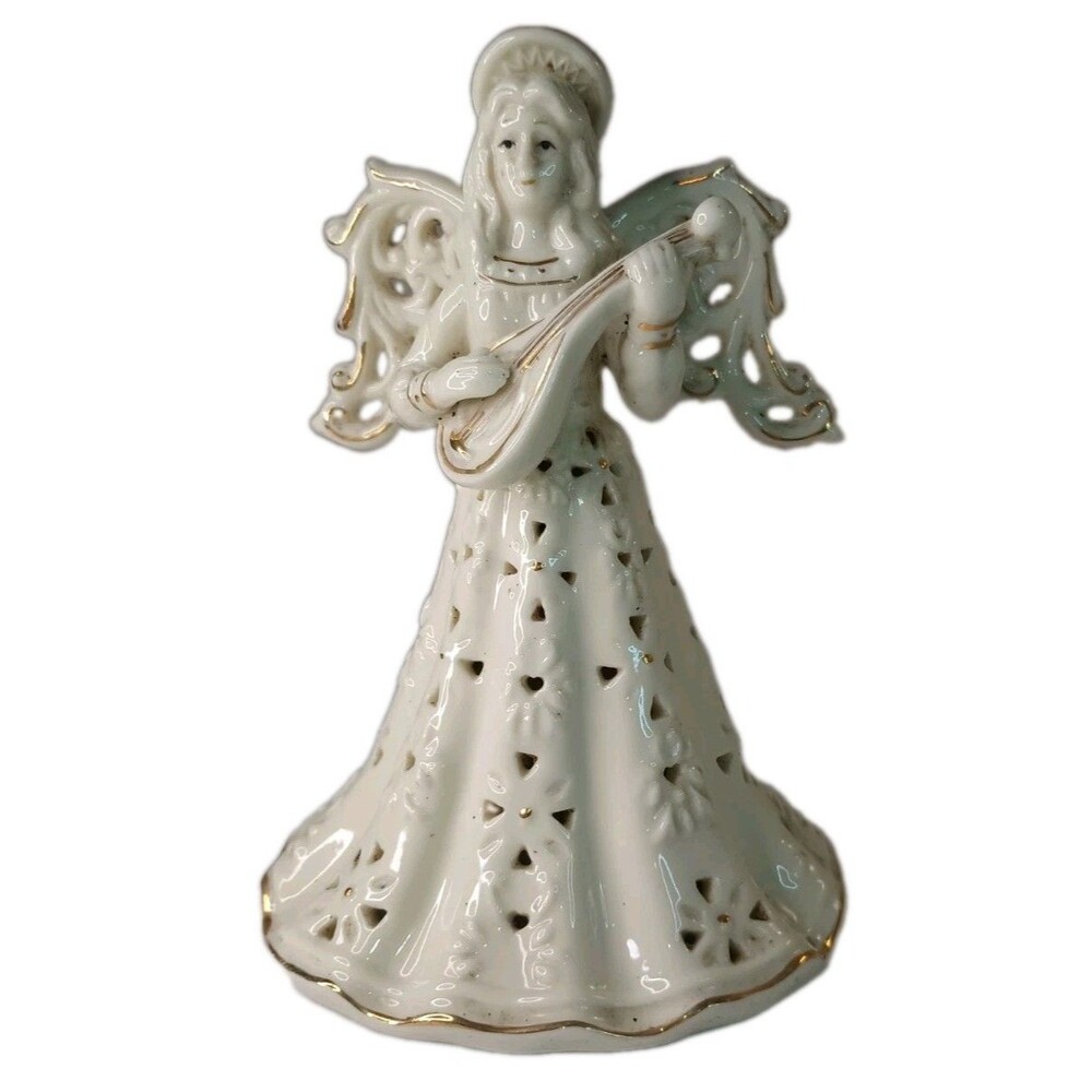 Ceramic White & Gold Angel Figurine Playing Instrument, Glossy 3D Flor (B0072B4)
